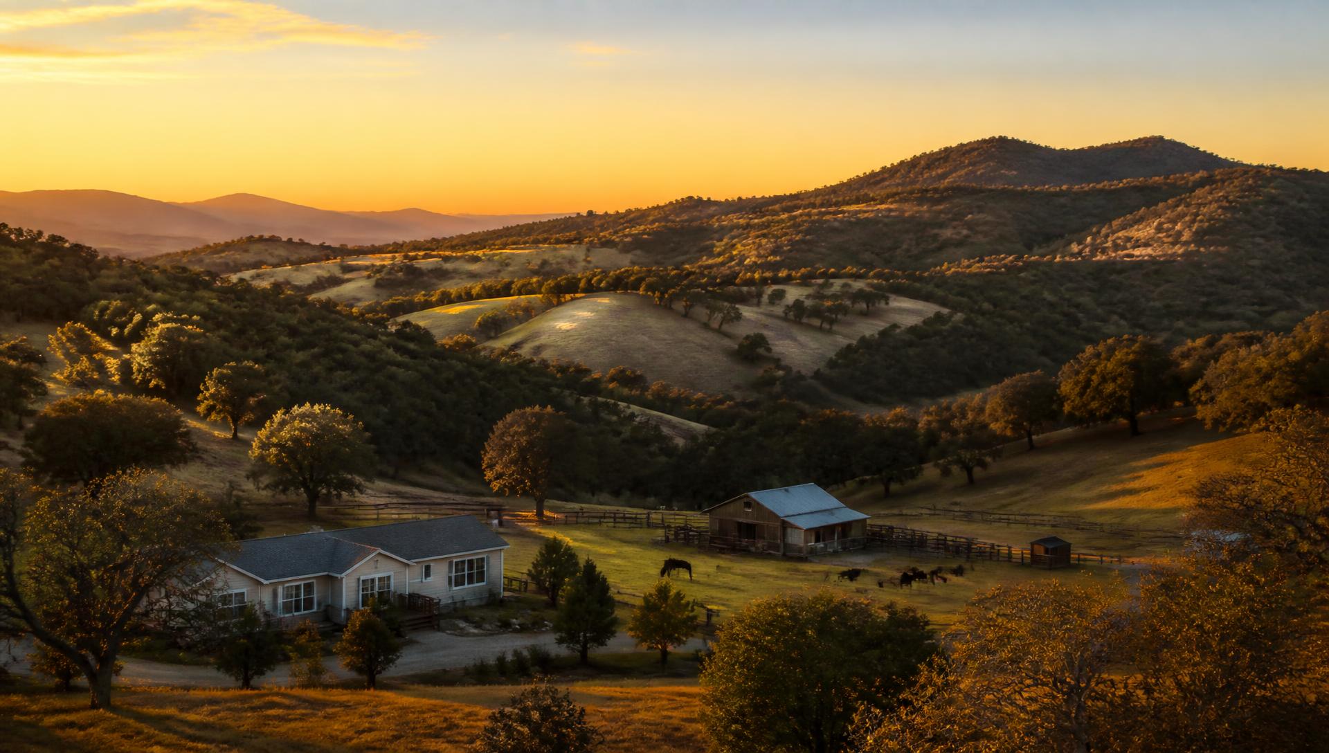 Sierra foothills ranch property at sunset in Calaveras County, California