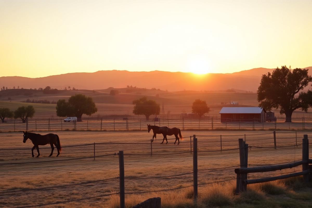 Rural California hobby farm with horses and pasture at sunset